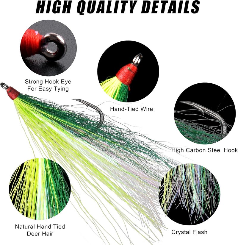 FUSIGO Bucktail Teasers Fishing Hooks Saltwater, 10pcs Fishing Teaser Lures Crystal Mylar Flash Teasers Jig Hooks for Flounder Salmon Trout Striped Sea Bass Bluefish - Image 2